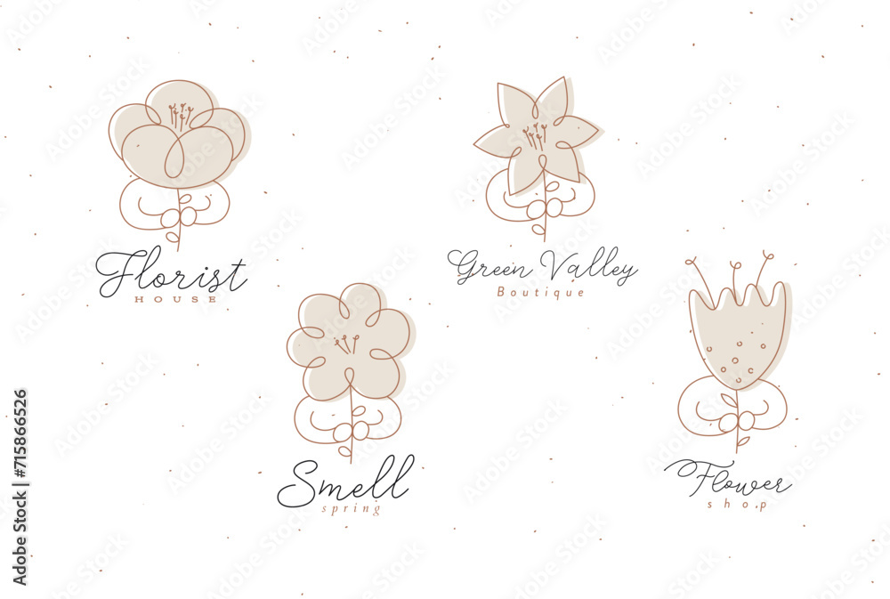 Man with flower labels set drawing in minimalism linear style in beige color on white background