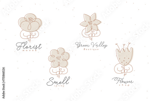 Obraz na płótnie Man with flower labels set drawing in minimalism linear style in beige color on white background w salonie