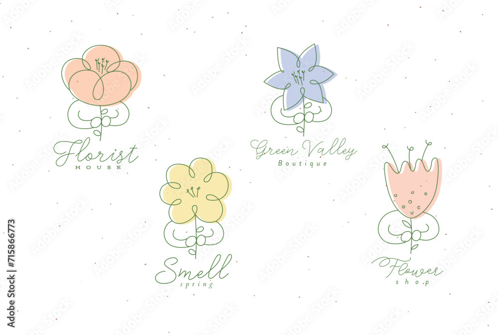 Man with flower labels set drawing in minimalism linear style color