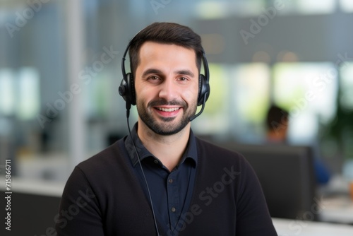 Dressed immaculately in black, a young man exudes professionalism and approachability, his engaging smile and focused gaze embodying a compelling and confident presence within the office space.