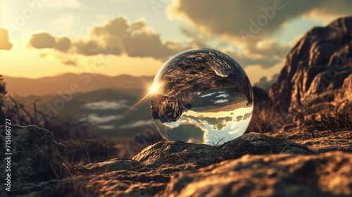 Crystal ball on the rock with sunset background