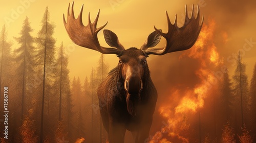 Majestic moose  resilient amidst the fiery chaos.