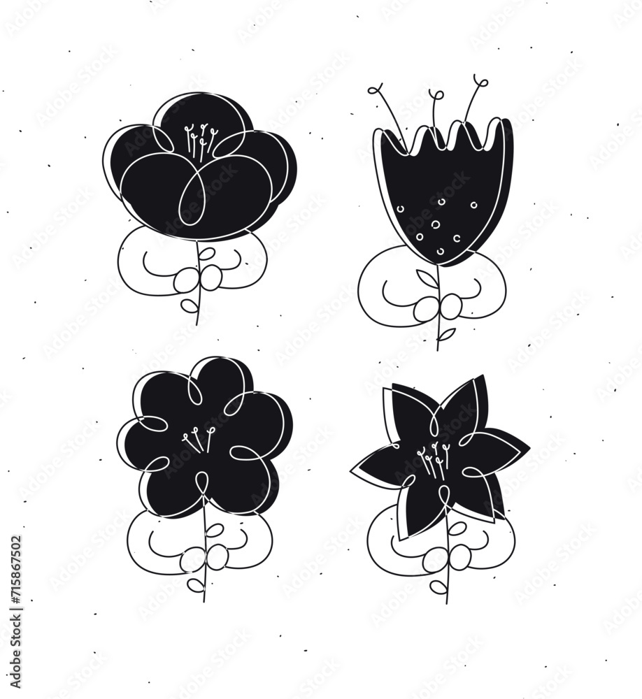 Man with flower set drawing in minimalism linear style drawing black on white background