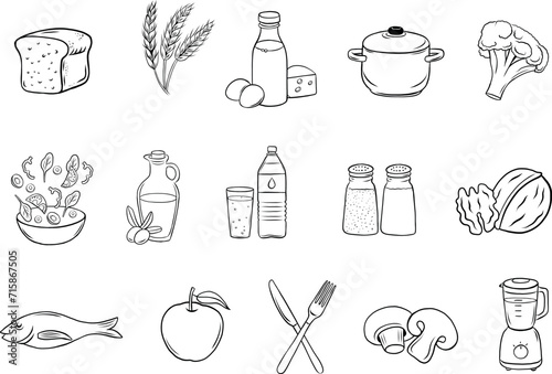 Food hand drawn icons, vector icons, ating and drinking, cookien, kitchen, drinks, healthy eating, planner stickers (ID: 715867505)