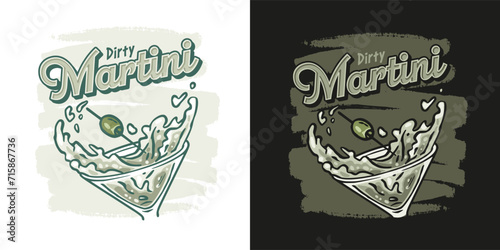 Martini cocktail vector with olive and splashes for alcohol for cocktail bar or drink party. Logo design with glass of martini for tee print of bartender or barman