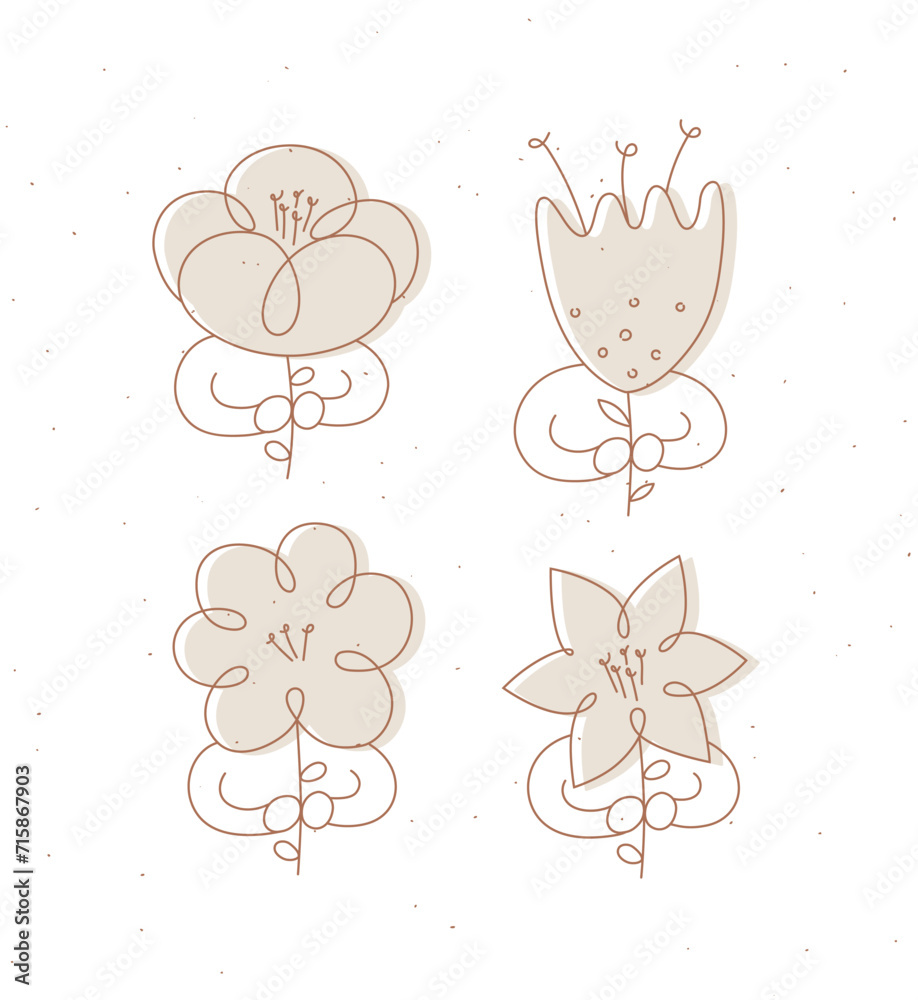 Man with flower set drawing in minimalism linear style drawing on beige background