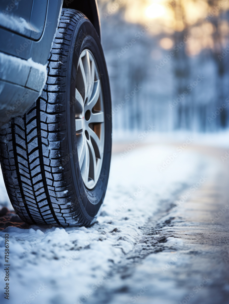 Close-up of a car's winter tire on a snowy road, highlighting the tread pattern with a forest backdrop at dusk.