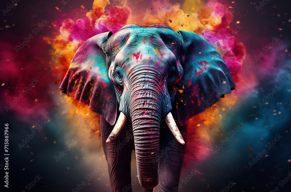 Obraz premium Psychedelic Elephant Illustration. Vibrant Holi Festival Elephant