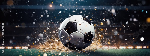 Soccer ball, Close up of a soccer ball in the football stadium with falling confetti. Goal Winning celebration  photo