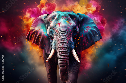 Psychedelic Elephant Illustration. Vibrant Holi Festival Elephant