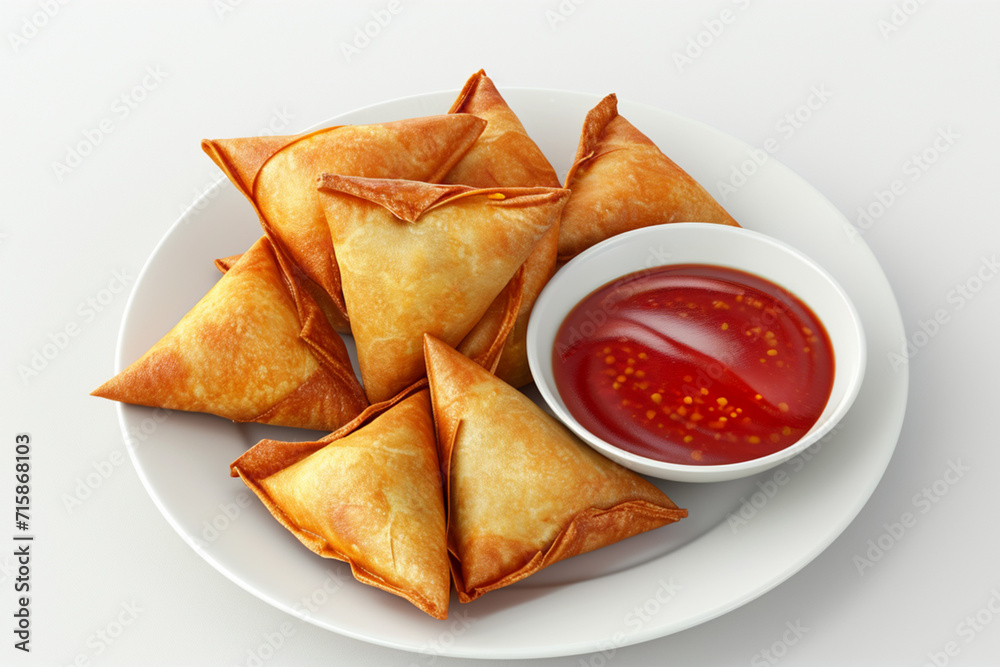 3D design illustrating a top view of a plate of Ramadan samosas with ketchup, isolated on a white background 3D design illustrating a top view of a plate of Ramadan samosas with ketchup, isolated on a white background
