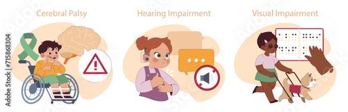 Kid Disability set. Depicting cerebral palsy, hearing, and visual impairments. Each vignette showcases a child and their unique abilities and aids.