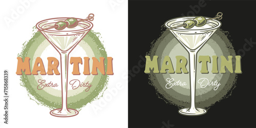 Martini cocktail vector with olive and splashes for alcohol for cocktail bar or drink party. Logo design with glass of martini for tee print of bartender or barman