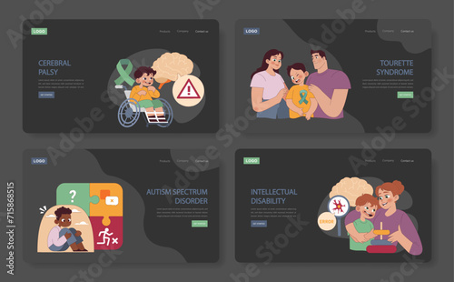 Kid Disability website banners set. Cerebral palsy, Tourette syndrome, autism spectrum disorder, and intellectual disability. Promoting awareness and empathy through design.