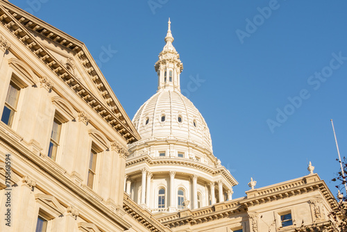 Late fall at the Michigan State Capitol building in Lansing, Michigan.  USA.