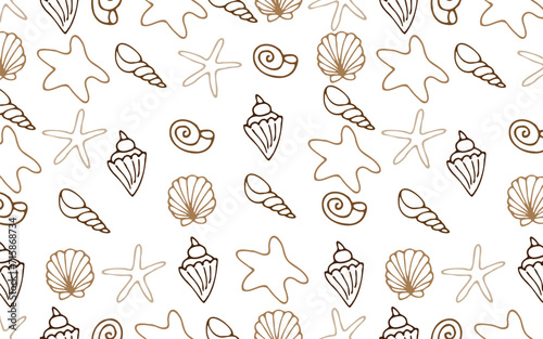 Vector seamless pattern with seashells on a white background.