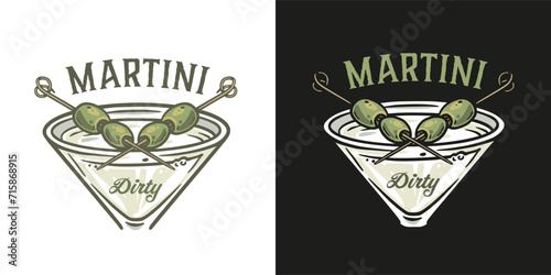 Martini cocktail vector with olive and splashes for alcohol for cocktail bar or drink party. Logo design with glass of martini for tee print of bartender or barman