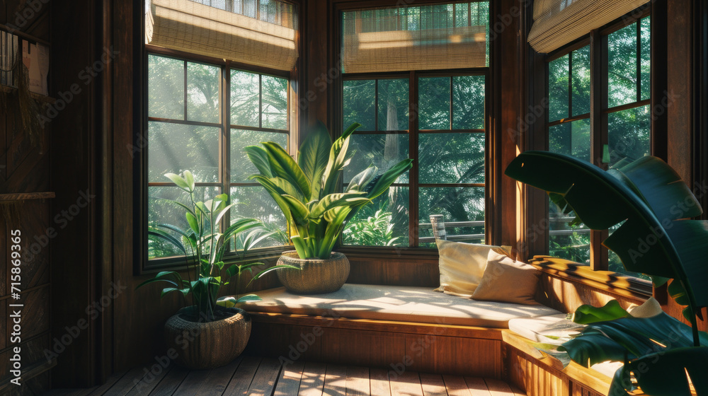This living room has a large bay window that lets in plenty of natural light, showcasing a potted plant and a cozy window seat This living room has a large bay window that lets in plenty of natural light, showcasing a potted plant and a cozy window seat