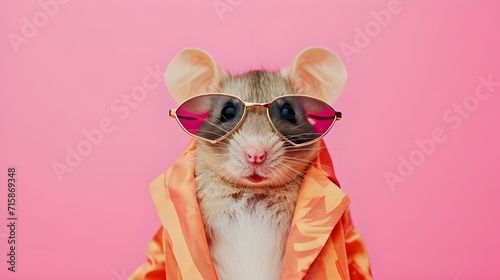 Creative animal concept. mouse in glam fashionable couture high end outfits isolated on bright background advertisement, copy space. birthday party invite invitation banne