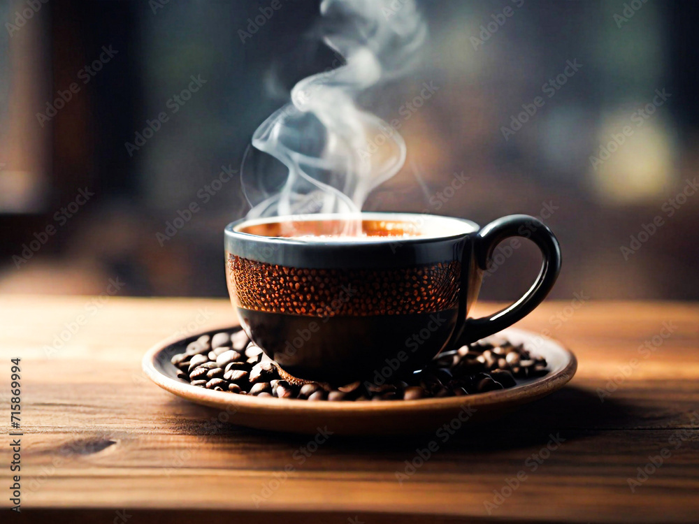Fototapeta premium Close-up coffee cup on a wooden table