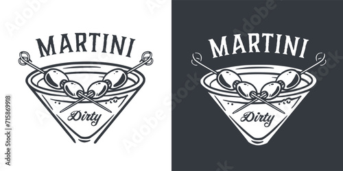 Martini cocktail vector with olive and splashes for alcohol for cocktail bar or drink party. Monochrome print or logo design with glass of martini for bartender or barman