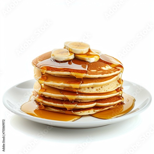 stack of pancake with honey syrup on the white plate on isolated white background