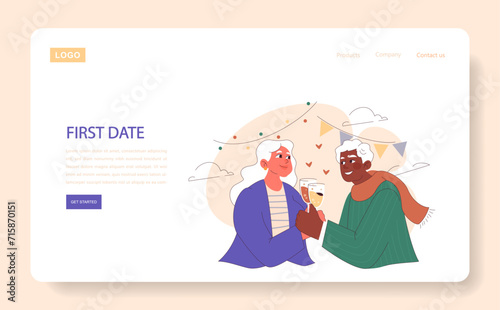 First Date web or landing. Joyful elderly couple sharing a toast on their first date, celebrating new beginnings. Love's fresh chapter. Flat vector illustration