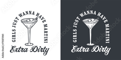 Martini cocktail vector with olive and splashes for alcohol for cocktail bar or drink party. Monochrome print or logo design with glass of martini for bartender or barman