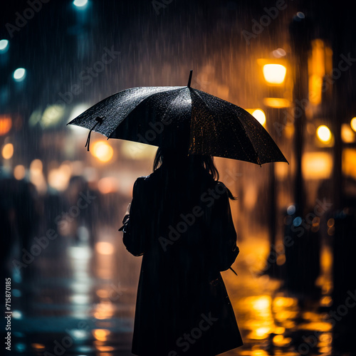 Woman holding an umbrella in heavy rain, in the style of nightscape, abrasive authenticity, relatable personality, dark cyan and amber, monochromatic shadows, dark tonalities, environmental awareness photo