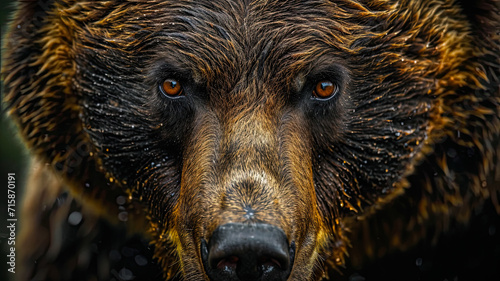 A macro portrait of an bear that captures amazing eye detail. The entire head is visible. The close, precise, deep gaze of a predator