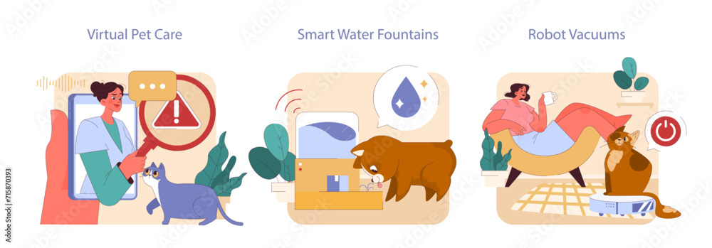 Pet Tech Gadgets set. Virtual consultations, hydration innovation, and automated cleaning. Health, water, and cleanliness for pets at home. Pet Tech Gadgets set. Virtual consultations, hydration innovation, and automated cleaning. Health, water, and cleanliness for pets at home.