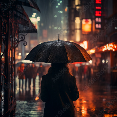 Atmospheric nightscape  Woman with umbrella in heavy rain  embodying authenticity and relatable charm. Dark cyan and amber tones  monochromatic shadows convey environmental awareness
