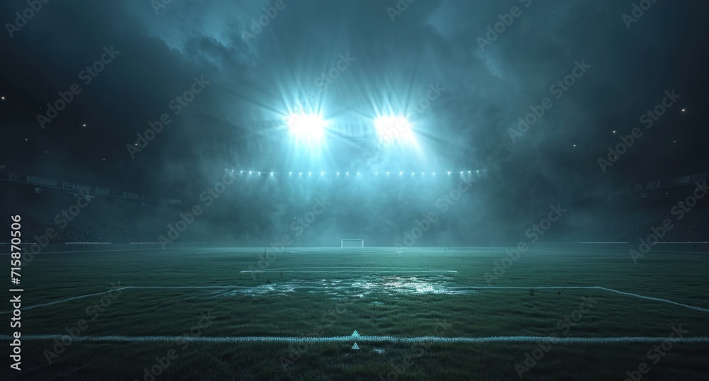 dark football pitch with light coming from a spotlight that shines on it