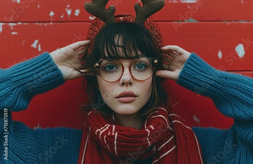 a woman with a blue sweater putting on a reindeer scarf and her eyes open