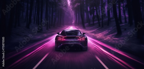 A super-sport car in lavender, leaving a trail of light on a dark, forested road, © Khurram