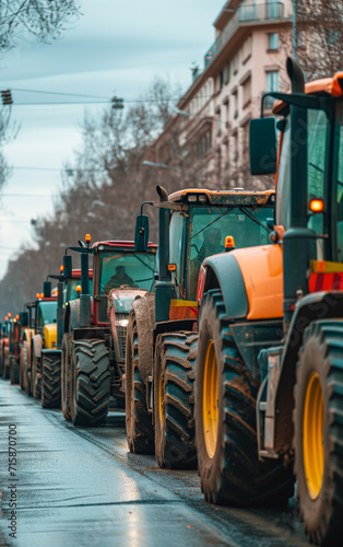 A row of tractors on a city street, farmers' protests in Europe