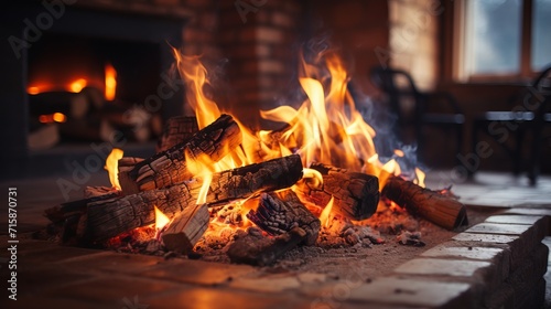 Close up of a cozy rustic fireplace with burning firewood creating a warm and inviting atmosphere