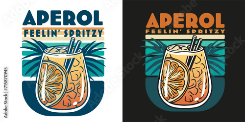 Aperol cocktail vector with ice and slice of orange for cocktail bar or drink summer party. Aperol spritz or alcohol cocktail with gin for tee print of beach bar and cafe menu