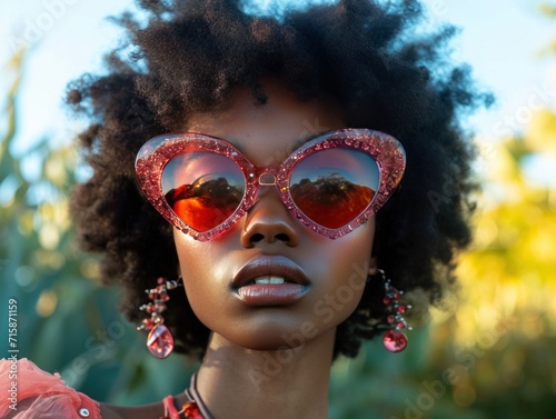 a black woman with big curls posing outdoors behind a heart shaped sunglasses