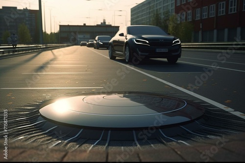 Road providing wireless charging via inductive coils embedded within. Generative AI photo