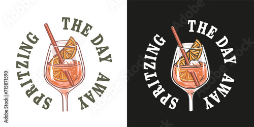 Aperol cocktail vector with ice and slice of orange for cocktail bar or drink summer party. Aperol spritz or alcohol cocktail with gin for tee print of beach bar and cafe menu