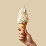 a hands holds an ice cream cone with ice cream