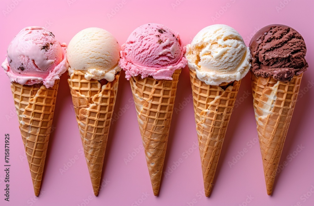 five waffle cones with different ice cream flavors five waffle cones with different ice cream flavors