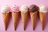five waffle cones with different ice cream flavors
