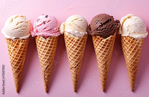five waffle cones with different ice cream flavors
