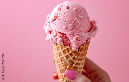 hand holding waffle cone with pink ice cream on pink background