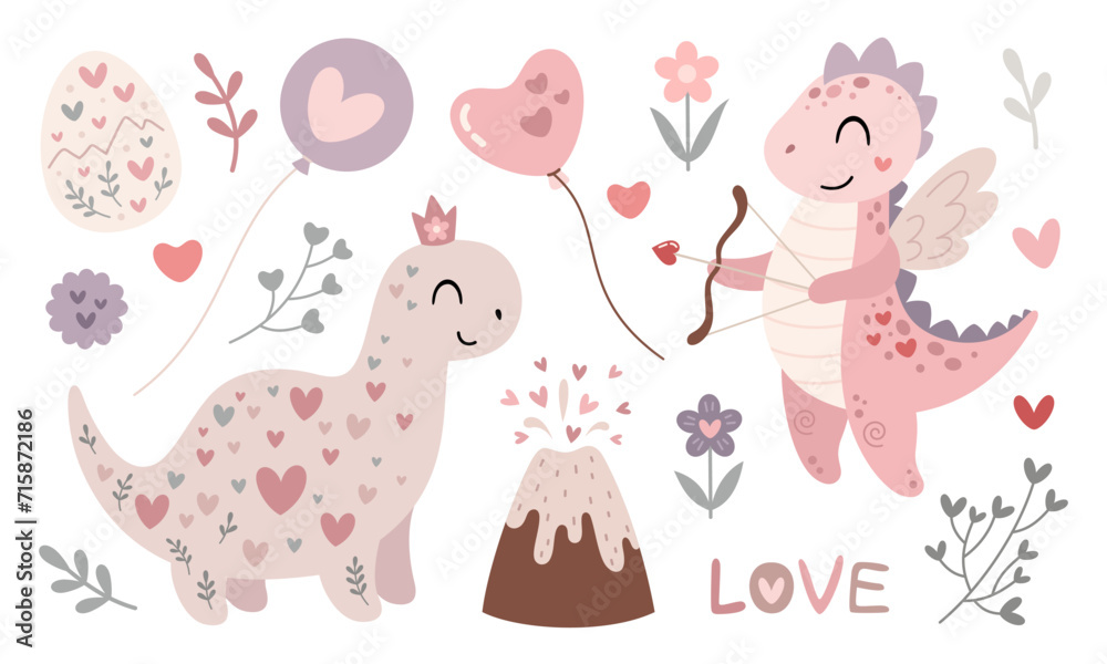 Cute Valentines dinosaurs clipart. Valentines day clipart. Valentine dino in cartoon flat style. Vector illustration.