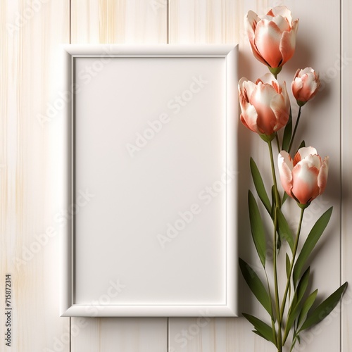 tulips in a vase with a picture frame  mockup and copy paste text