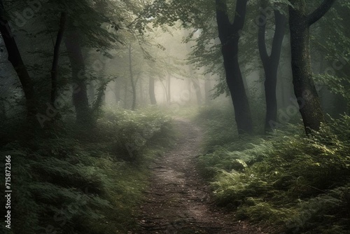 Misty path through dense woodland. Eerie nature scene. Generative AI © Emily