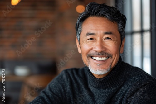 An older Asian gentleman in a dark sweater with a joyful expression, facing the camera. photo